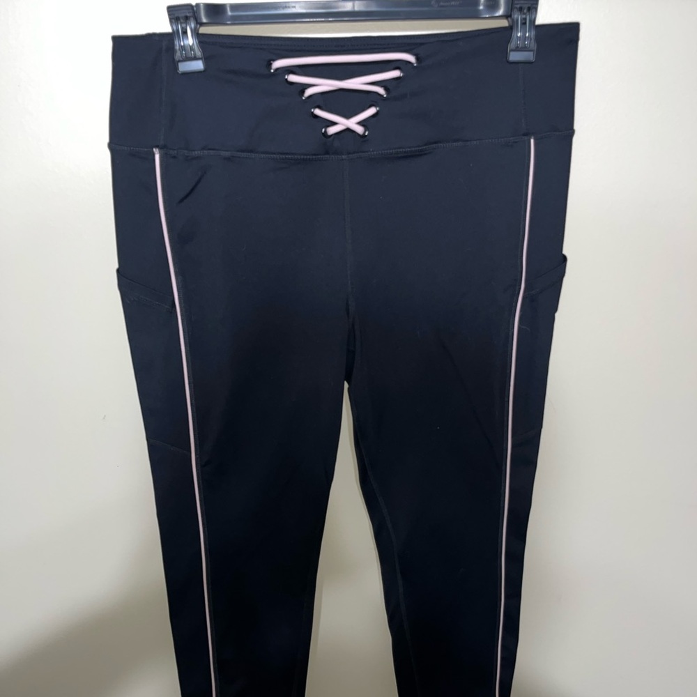 Black Leggings with Pink Lace-Up Detail